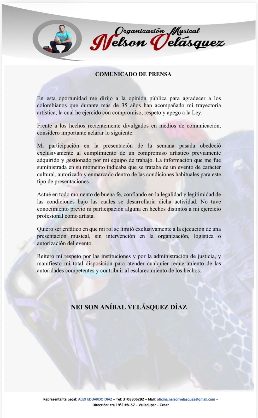 Comunicado oficial de Nelson Velásquez