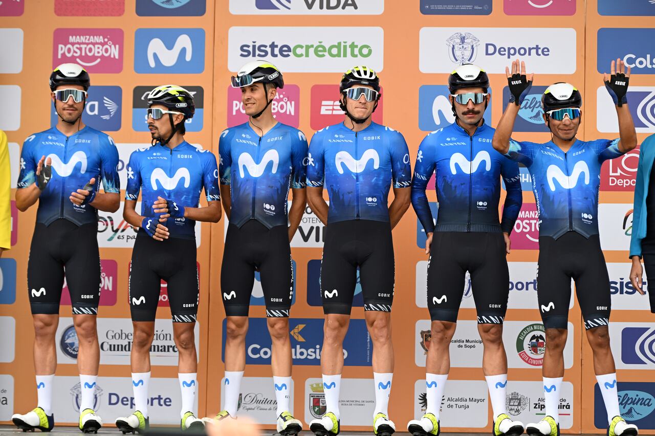 PAIPA, COLOMBIA - FEBRUARY 06: Nairo Quintana of Colombia, Fernando Gaviria of Colombia, Vinicius Rangel of Brasil, Sergio Samitier of Spain, Ivan Ramiro Sosa of Colombia, Albert Torres of Spain and Movistar Team prior to the 4th Tour Colombia 2024, Stage 1 a 168.6km stage from Paipa to Santa Rosa de Viterbo 2751m on February 06, 2024 in Paipa, Colombia. (Photo by Maximiliano Blanco/Getty Images)