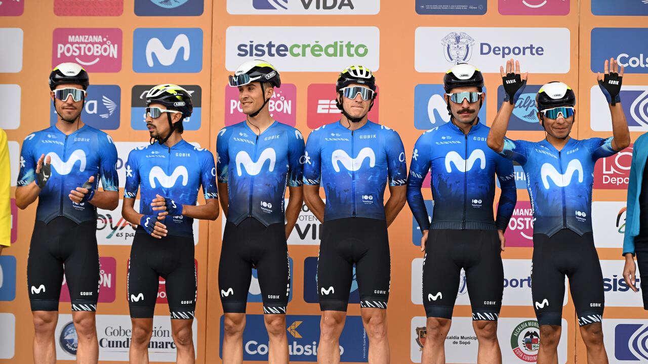 PAIPA, COLOMBIA - FEBRUARY 06: Nairo Quintana of Colombia, Fernando Gaviria of Colombia, Vinicius Rangel of Brasil, Sergio Samitier of Spain, Ivan Ramiro Sosa of Colombia, Albert Torres of Spain and Movistar Team prior to the 4th Tour Colombia 2024, Stage 1 a 168.6km stage from Paipa to Santa Rosa de Viterbo 2751m on February 06, 2024 in Paipa, Colombia. (Photo by Maximiliano Blanco/Getty Images)