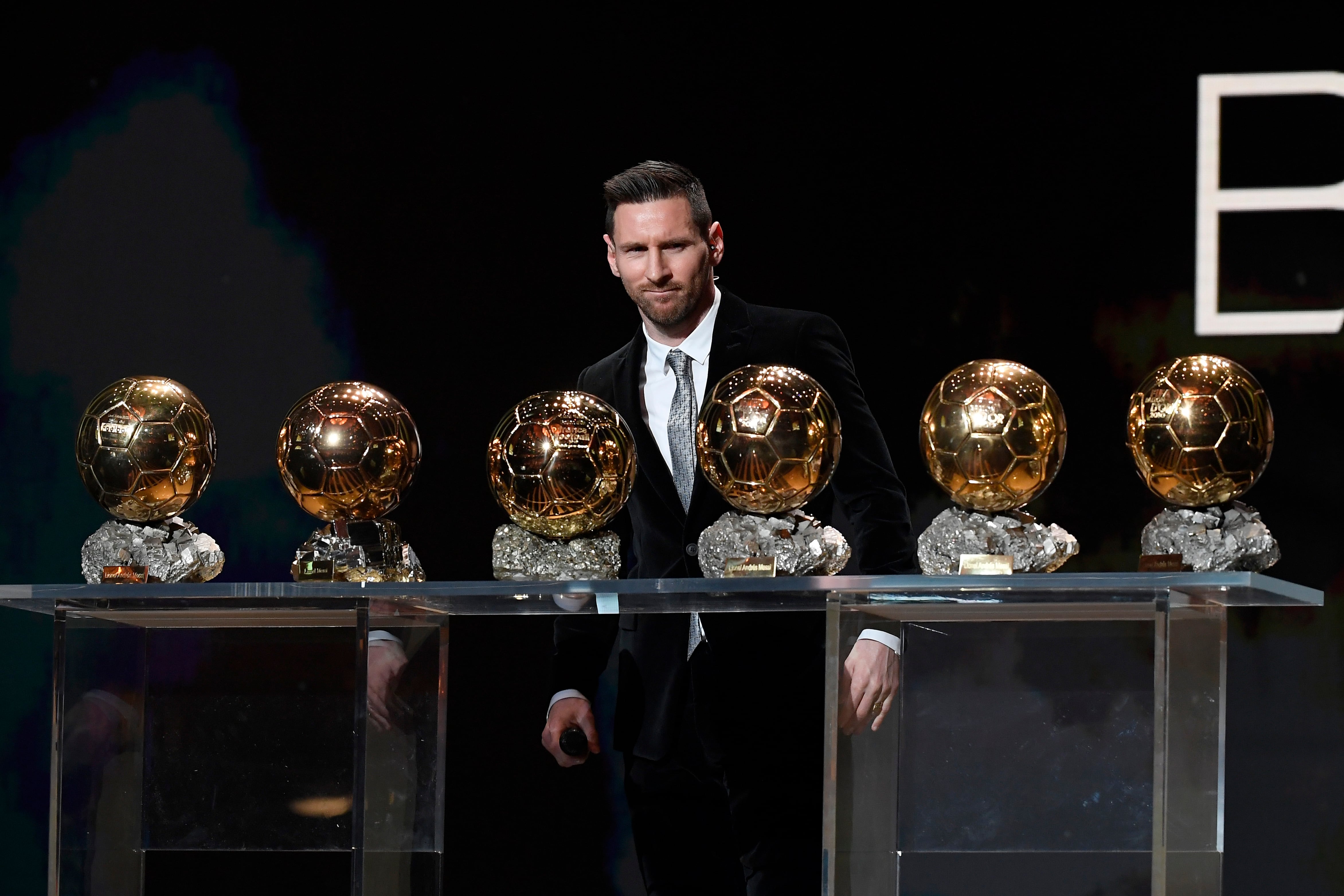 PARIS, FRANCE - DECEMBER 02: Lionel Messi (ARG / FC Barcelona) poses onstage after winning his sixth Ballon D'Or award during the Ballon D'Or Ceremony at Theatre Du Chatelet on December 02, 2019 in Paris, France. (Photo by Kristy Sparow/Getty Images)
