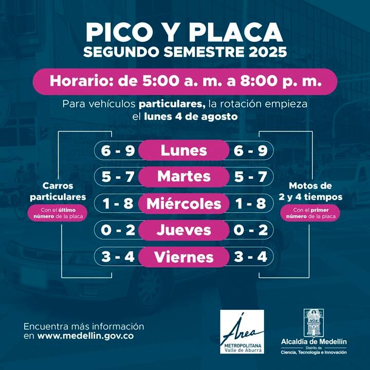 La medida del nuevo pico y placa en Medellín comenzará a regir este lunes 4 de agosto.