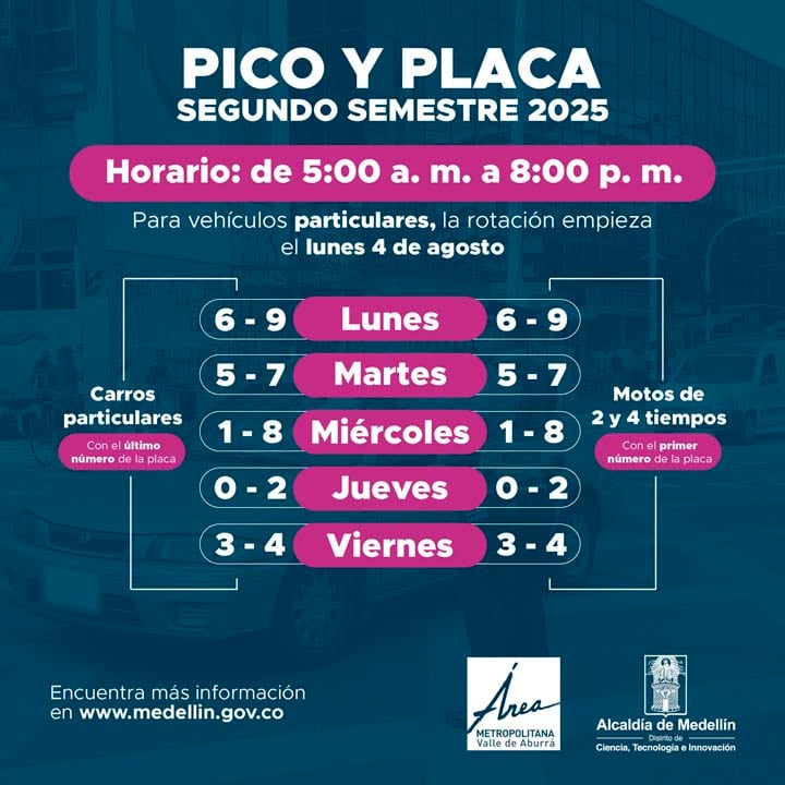 La medida del nuevo pico y placa en Medellín comenzará a regir este lunes 4 de agosto.