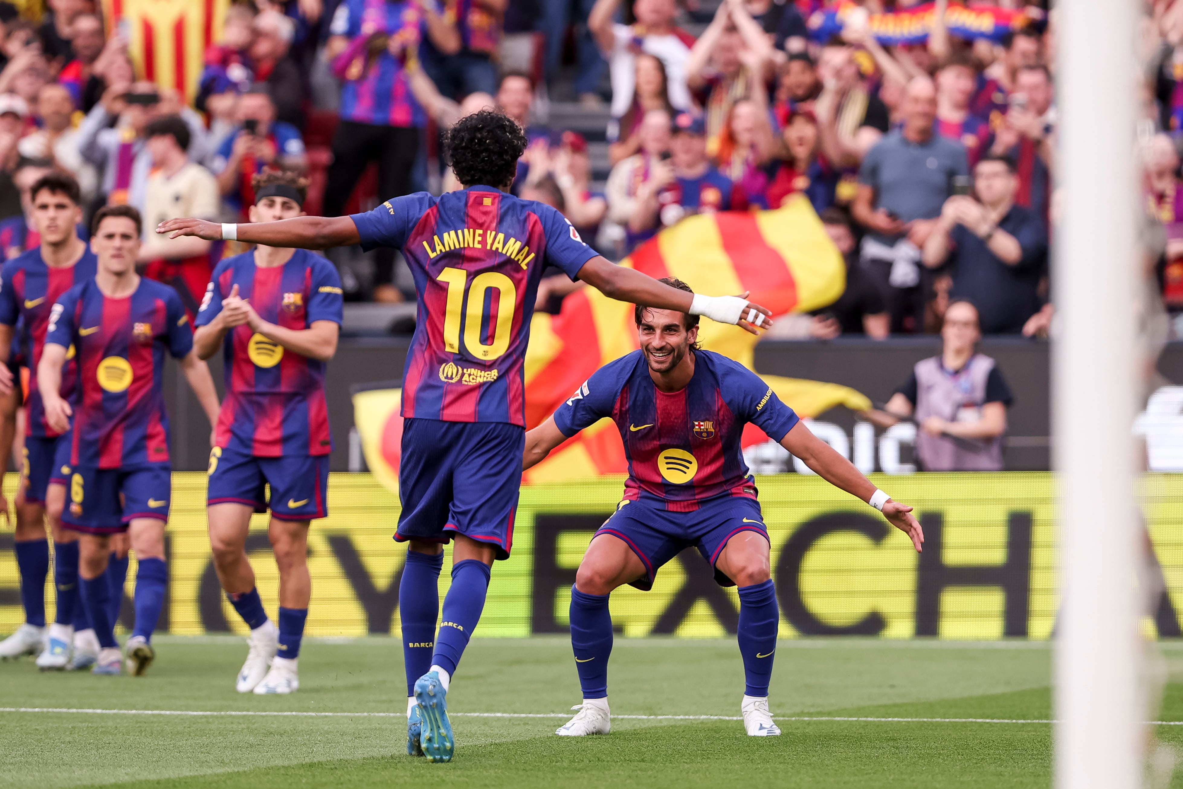 BARCELONA, SPAIN - APRIL 11: Ferran Torres of FC Barcelona celebrates a goal during the Spanish league, LaLiga EA Sports, football match played between FC Barcelona and RCD Espanyol at Spotify Camp Nou stadium on April 11, 2026 in Barcelona, Spain. (Photo By Javier Borrego/Europa Press via Getty Images)