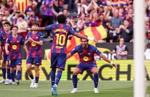 BARCELONA, SPAIN - APRIL 11: Ferran Torres of FC Barcelona celebrates a goal during the Spanish league, LaLiga EA Sports, football match played between FC Barcelona and RCD Espanyol at Spotify Camp Nou stadium on April 11, 2026 in Barcelona, Spain. (Photo By Javier Borrego/Europa Press via Getty Images)