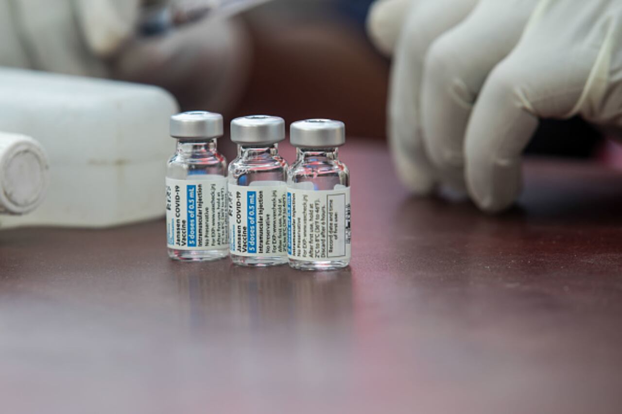 DHAKA, BANGLADESH - 2022/02/14: Vials containing Janssen COVID-19 Vaccine are seen during a vaccination campaign for transgender community and Homeless people in Central Shaheed Minar, Dhaka. (Photo by Sazzad Hossain/SOPA Images/LightRocket via Getty Images)