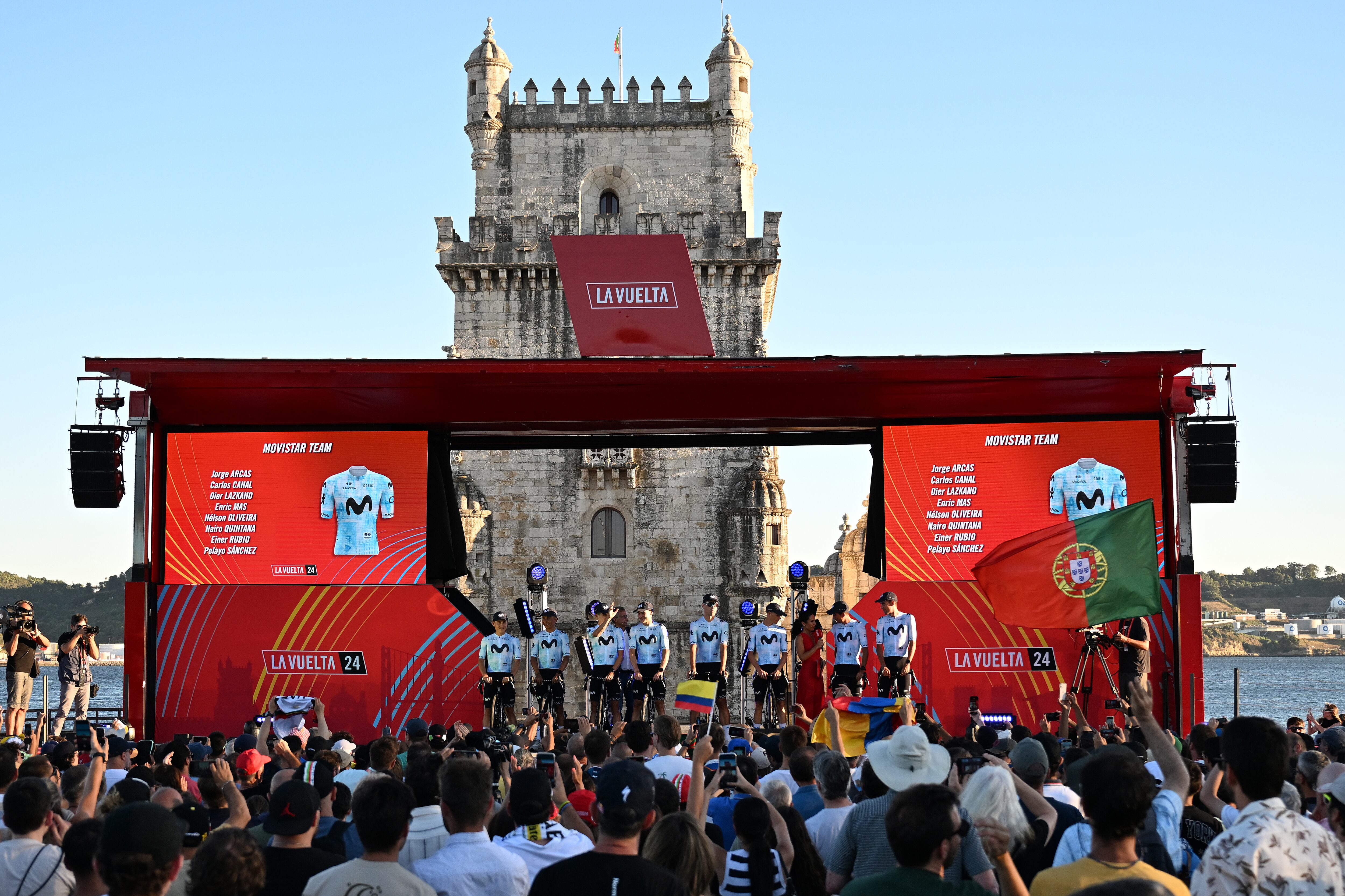 LISBON, PORTUGAL - AUGUST 15: Nairo Quintana of Colombia, Enric Mas of Spain, Pelayo Sanchez of Spain, Einer Rubio of Colombia, Oier Lazkano of Spain, Carlos Canal of Spain, Jorge Arcas of Spain, Nelson Oliveira of Portugal and Team Movistar during the team presentation at the Torre de Belem prior to the 79th La Vuelta Ciclista a Espana 2024 / #UCIWT / on August 15, 2024 in Lisbon, Portugal. (Photo by Tim de Waele/Getty Images)
