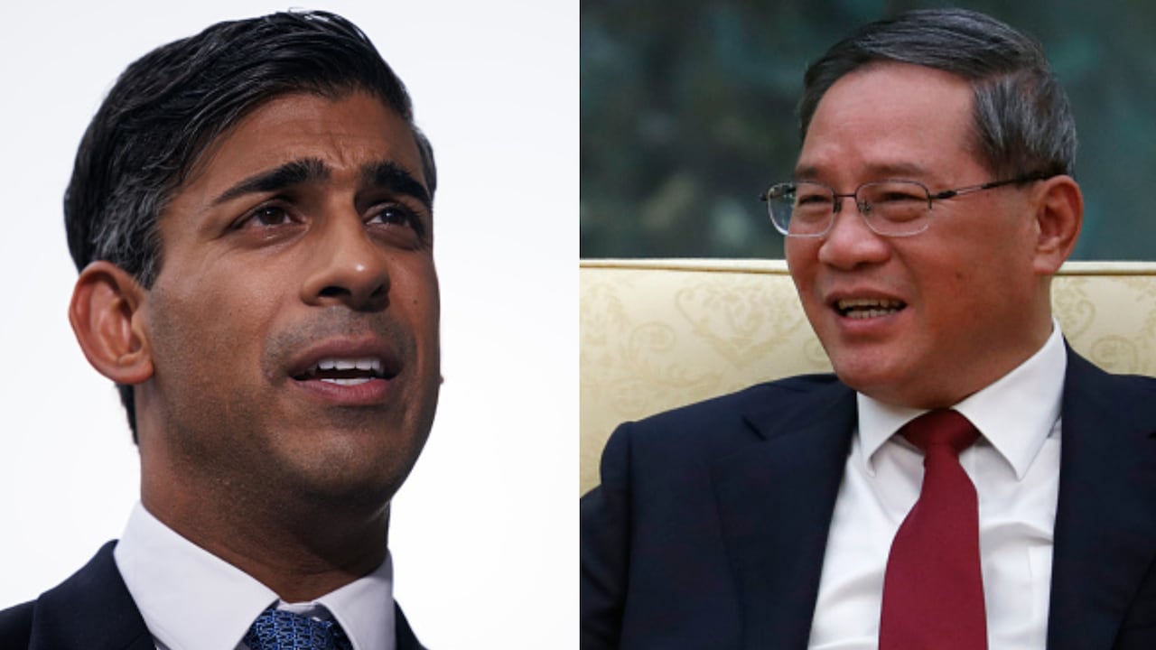 El primer ministro británico, Rishi Sunak, y su homólogo chino, Li Qiang.