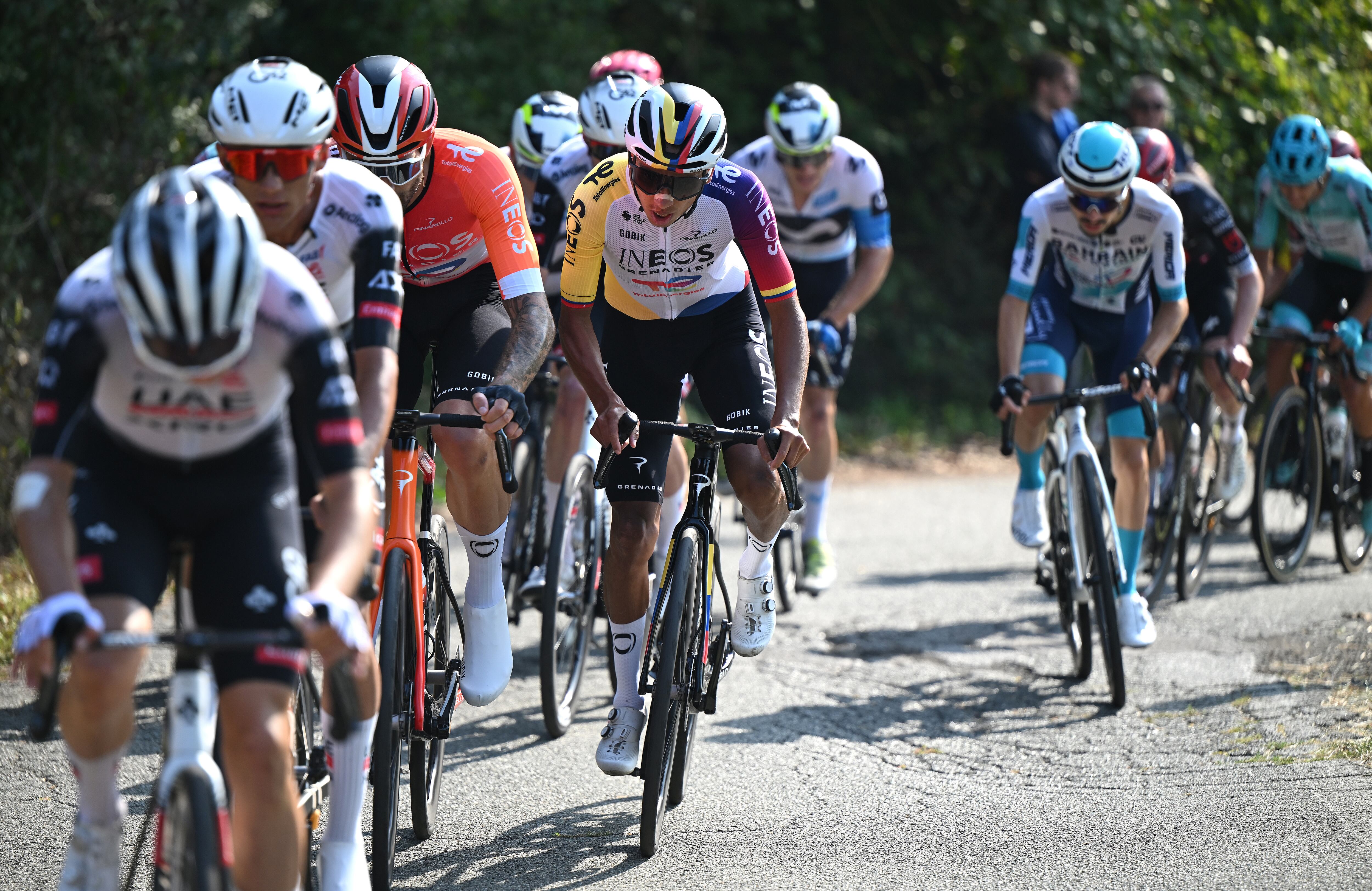 ACQUI TERME, ITALY - OCTOBER 09: (L-R) Filippo Ganna of Italy and Egan Bernal of Colombia and Team INEOS Grenadiers compete during the 109th Gran Piemonte 2025 a 179km one day race from Dogliani to Acqui Terme on October 09, 2025 in Acqui Terme, Italy. (Photo by Dario Belingheri/Getty Images)