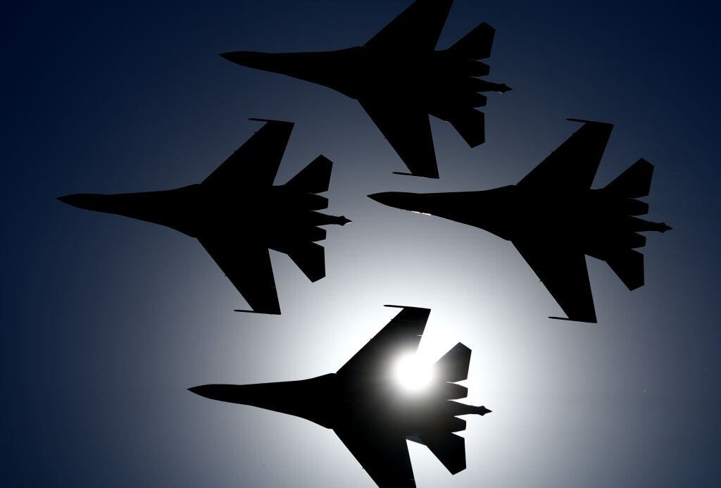 MOSCOW, RUSSIA - AUGUST 17: Sukhoi Su-35S aircrafts perform during the International Military-Technical Forum "Army 2022" at Kubinka military training ground in Moscow, Russia on August 17, 2022. (Photo by Pavel Pavlov/Anadolu Agency via Getty Images)