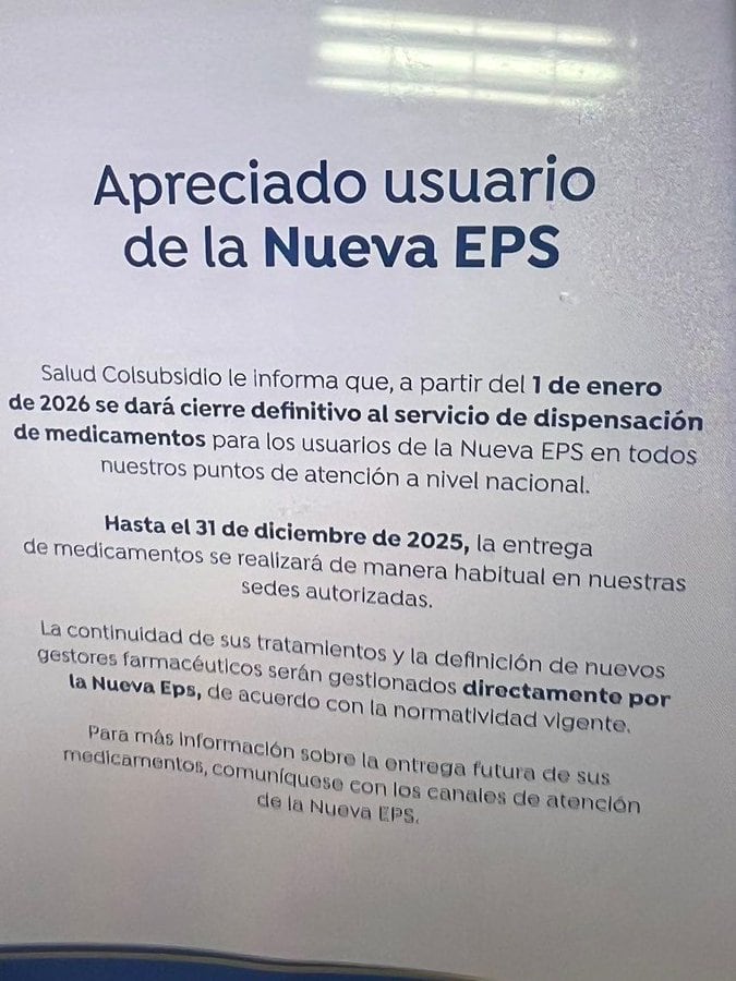 Salud Colsubsidio dejará de entregar medicamentos a usuarios de la Nueva EPS.