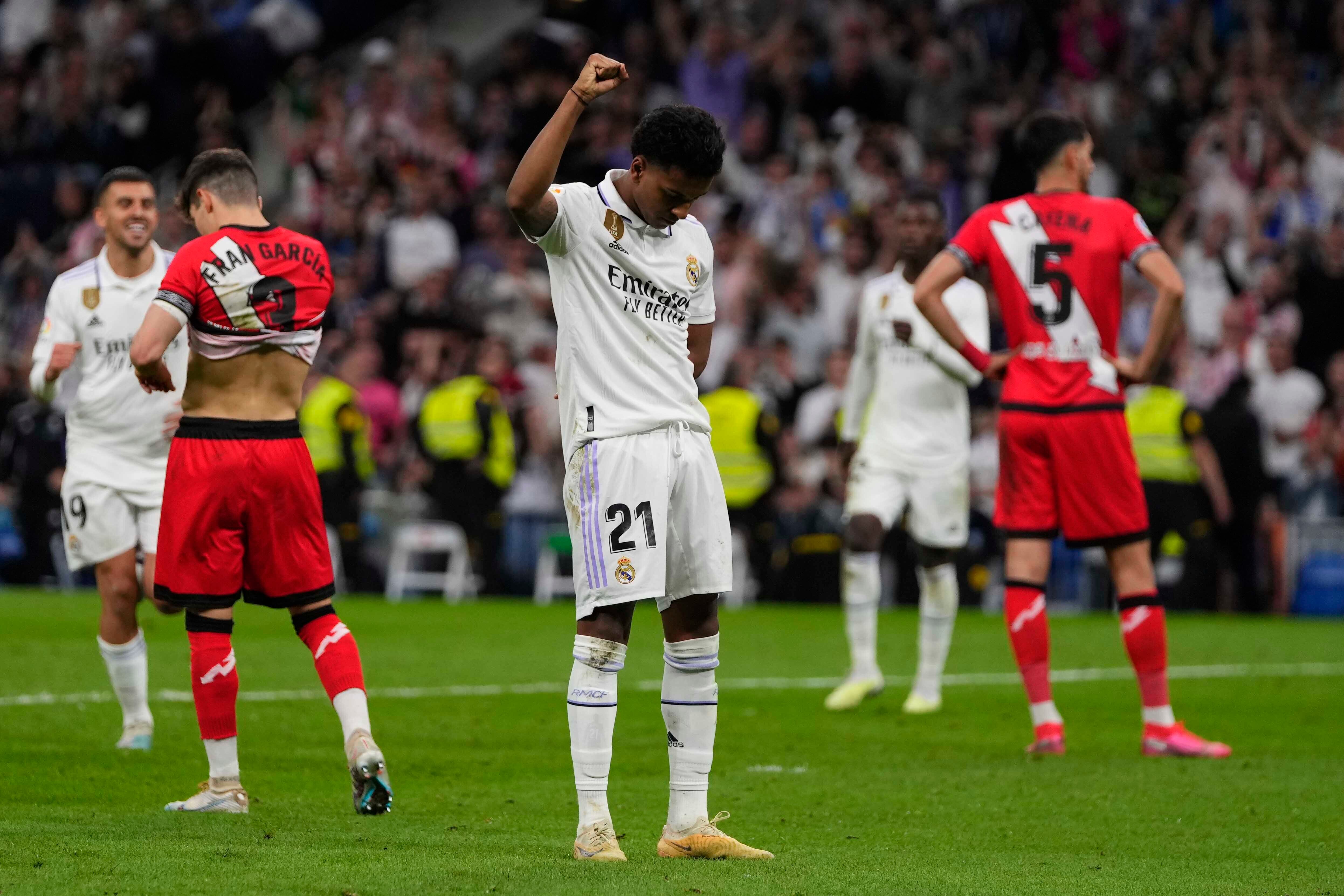 Real Madrid's Rodrygo gestures after a Spanish La Liga soccer match between Real Madrid and Rayo Vallecano at the Santiago Bernabeu stadium in Madrid, Spain, Wednesday, May 24, 2023. (AP Photo/Manu Fernandez)