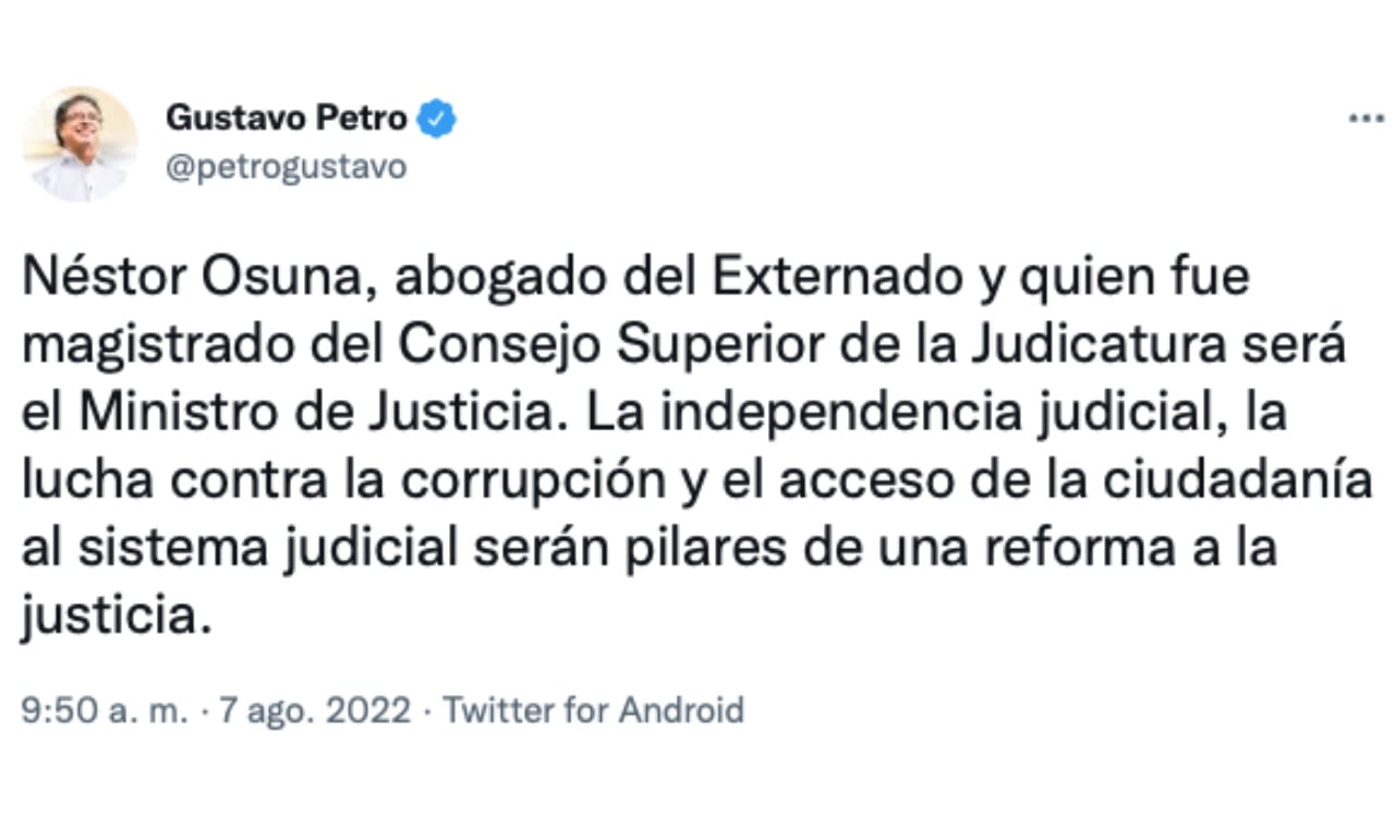 Néstor Osuna es el nuevo ministro de Justicia de Gustavo Petro