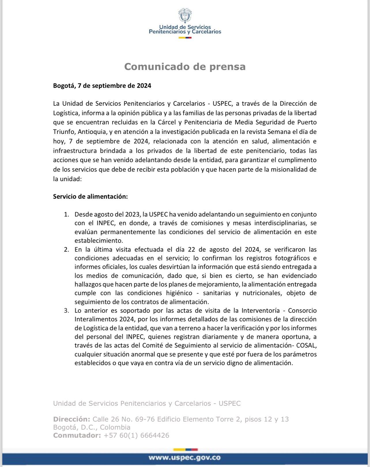 Comunicado USPEC sobre denuncias en cárcel El Pesebre en Puerto Triunfo, Antioquia.