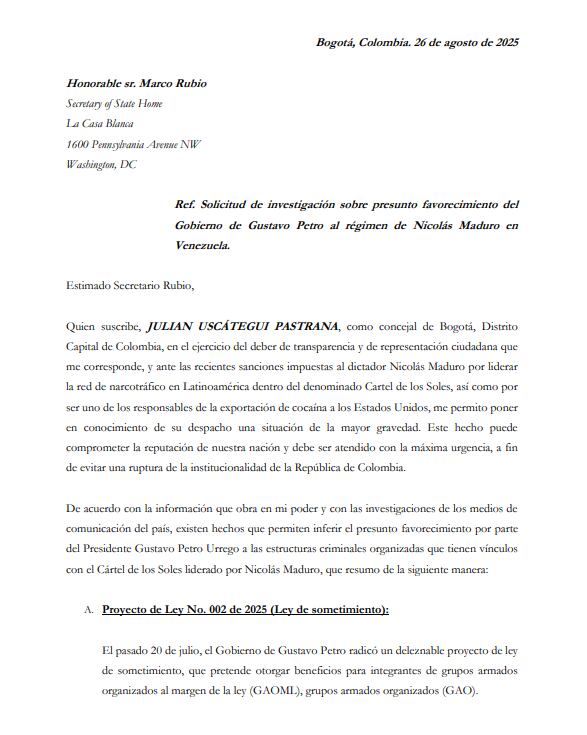 Carta de Julián Uscátegui a Estados Unidos