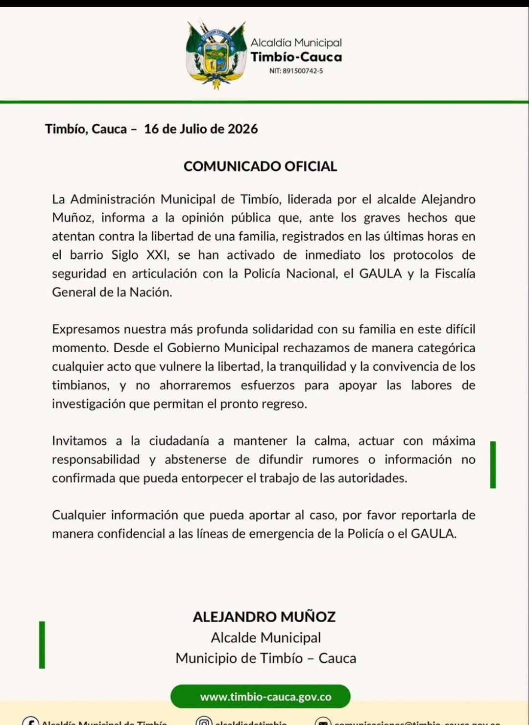 Pronunciamiento de la alcaldía de Timbío ante los secuestros.