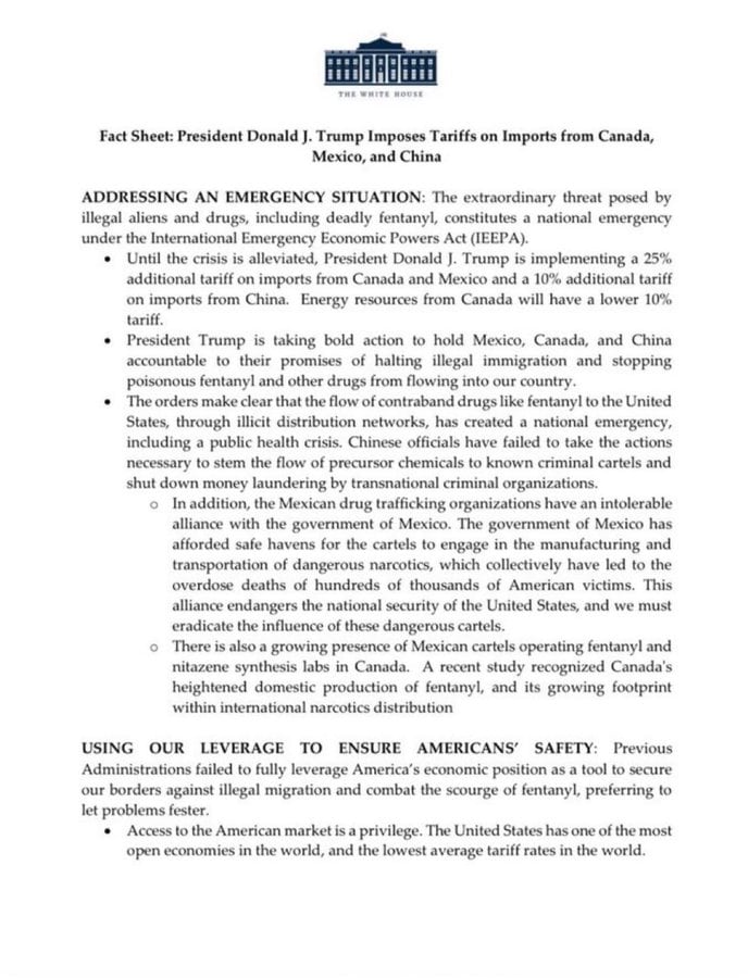 Comunicado de la Casa Blanca, donde confirma la imposición de aranceles a Canadá, México y China.