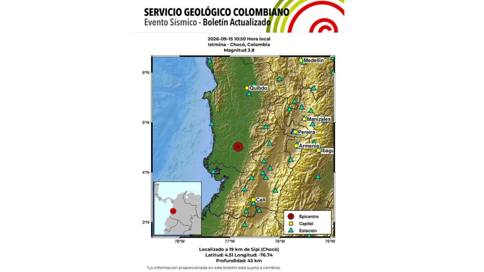 El SGC reportó un nuevo movimiento sísmico con epicentro en Istmina, Chocó, en medio de la actividad registrada recientemente en la zona.