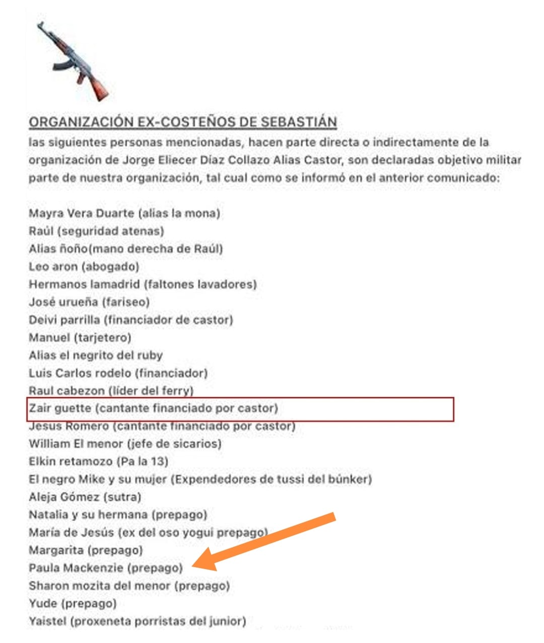 Este es el panfleto amenazante en el que hay varios nombres que han sido declarados objetivo militar.