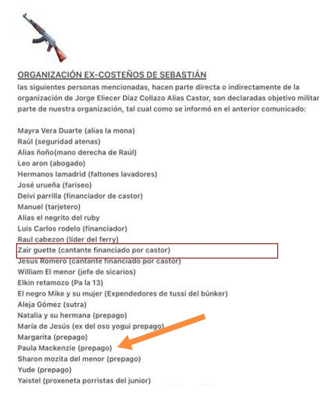 Este es el panfleto amenazante en el que hay varios nombres que han sido declarados objetivo militar.