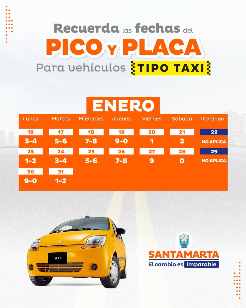 Pico y placa para taxis en Santa Marta.