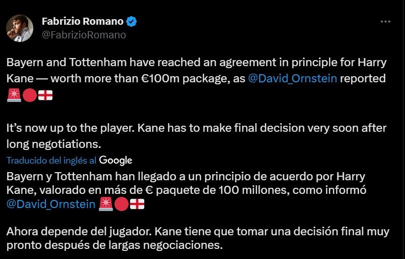 Información de Fabrizio Romano sobre Harry Kane.