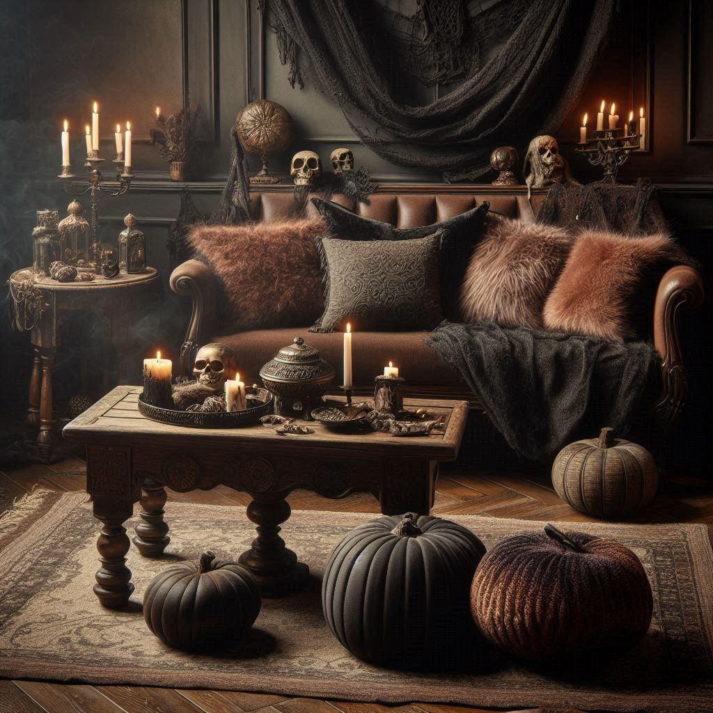 La Inteligencia Artificial propone una decoración vintage para Halloween, destacando cojines de lana, mantas de terciopelo y muebles antiguos que crean un ambiente envolvente y lleno de misterio.