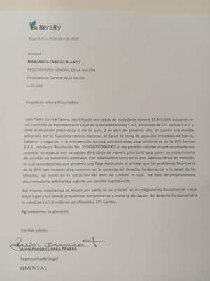 La carta que le envió Keralty, accionista de Sanitas, a la procuradora Cabello.