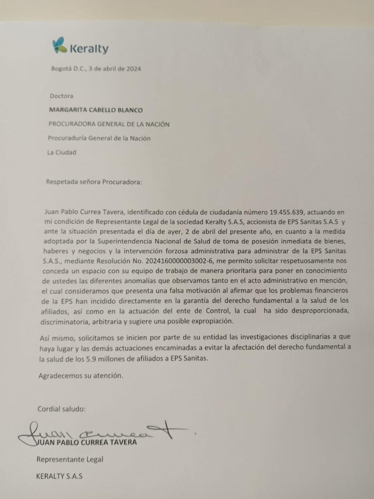 La carta que le envió Keralty, accionista de Sanitas, a la procuradora Cabello.