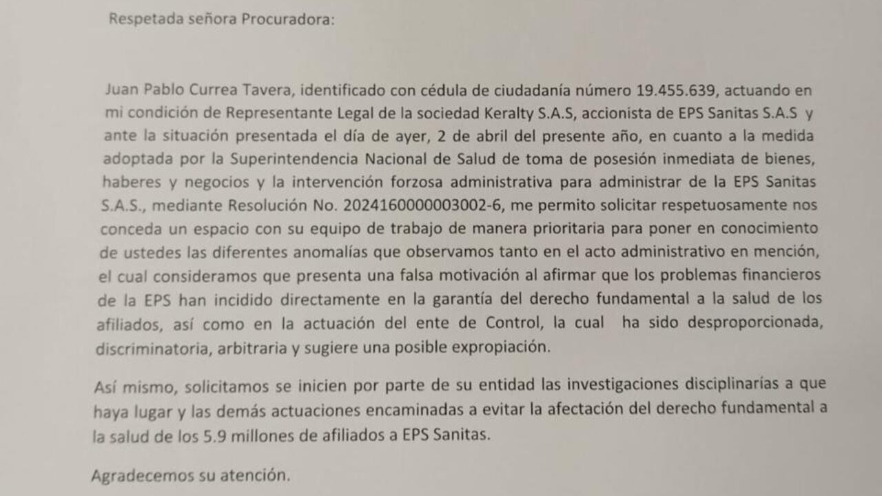 La carta que le envió Keralty, accionista de Sanitas, a la procuradora Cabello.