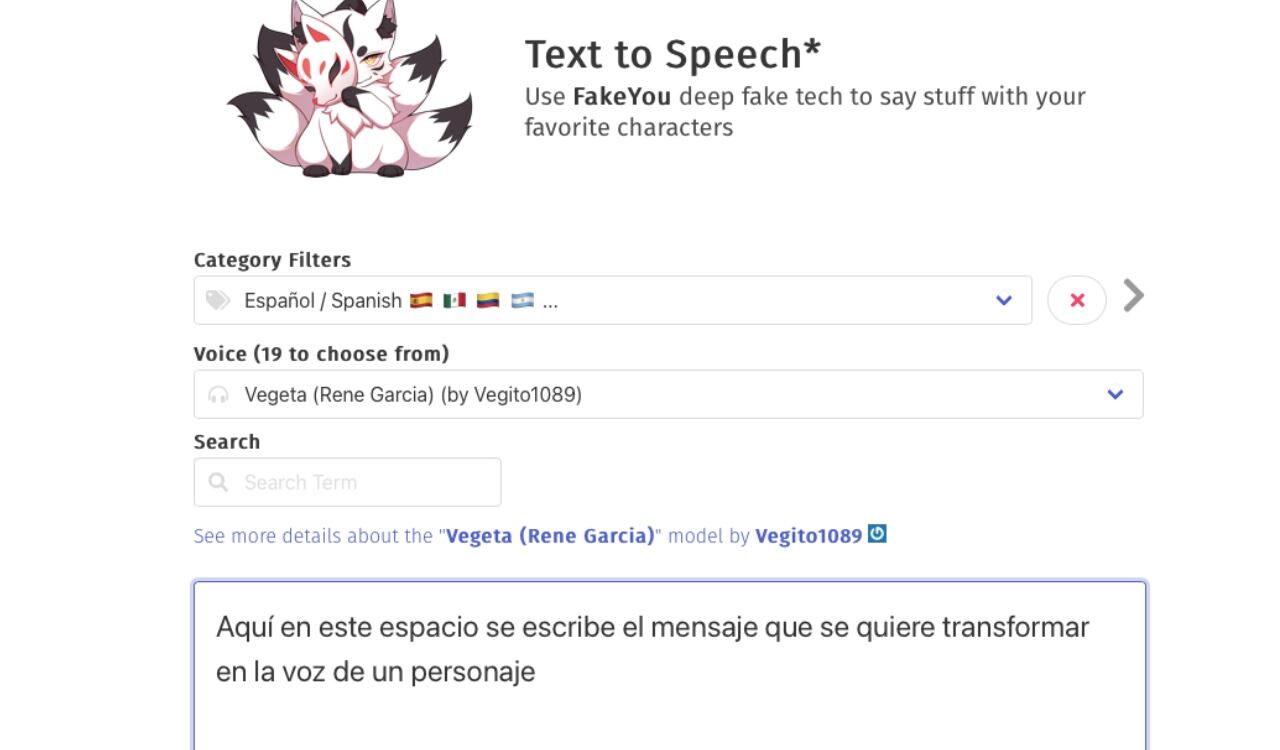 Así luce la página web Fake You, donde es posible cambiar mensajes de texto a voz de personajes famosos