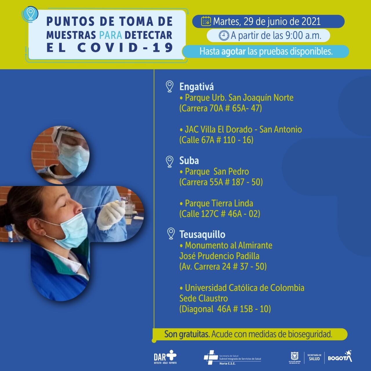 Dónde hacen pruebas gratis de COVID-19 en Bogotá este martes 29 de junio