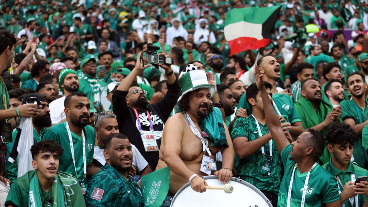 LUSAIL CITY, QATAR - NOVEMBER 22: Saudi Arabian fans celebrate after the FIFA World Cup Qatar 2022 Group C match between Argentina and Saudi Arabia at Lusail Stadium on November 22, 2022 in Lusail City, Qatar. (Photo by Amin Mohammad Jamali/Getty Images)
