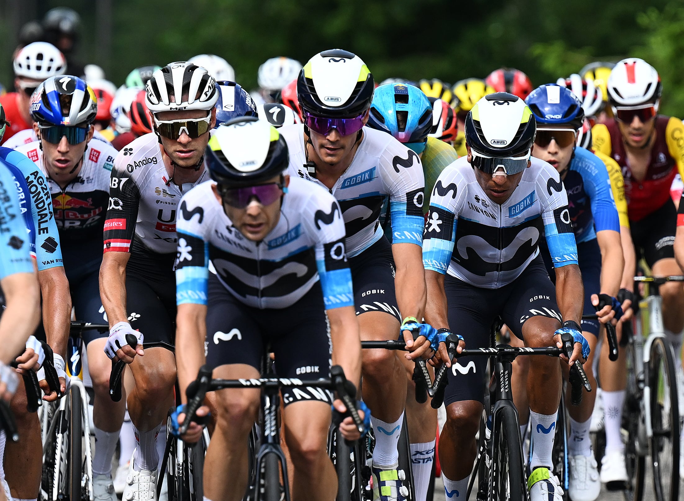SCHWARZSEE, SWITZERLAND - JUNE 16: (L-R) Felix Grossschartner of Austria and UAE Team Emirates - XRG, Javier Romo of Spain and Nairo Quintana of Colombia and Team Movistar compete during the 88th Tour de Suisse, Stage 2 a 177km stage from Aarau to Schwarzsee / #UCIWT / on June 16, 2025 in Schwarzsee, Switzerland. (Photo by Tim de Waele/Getty Images)