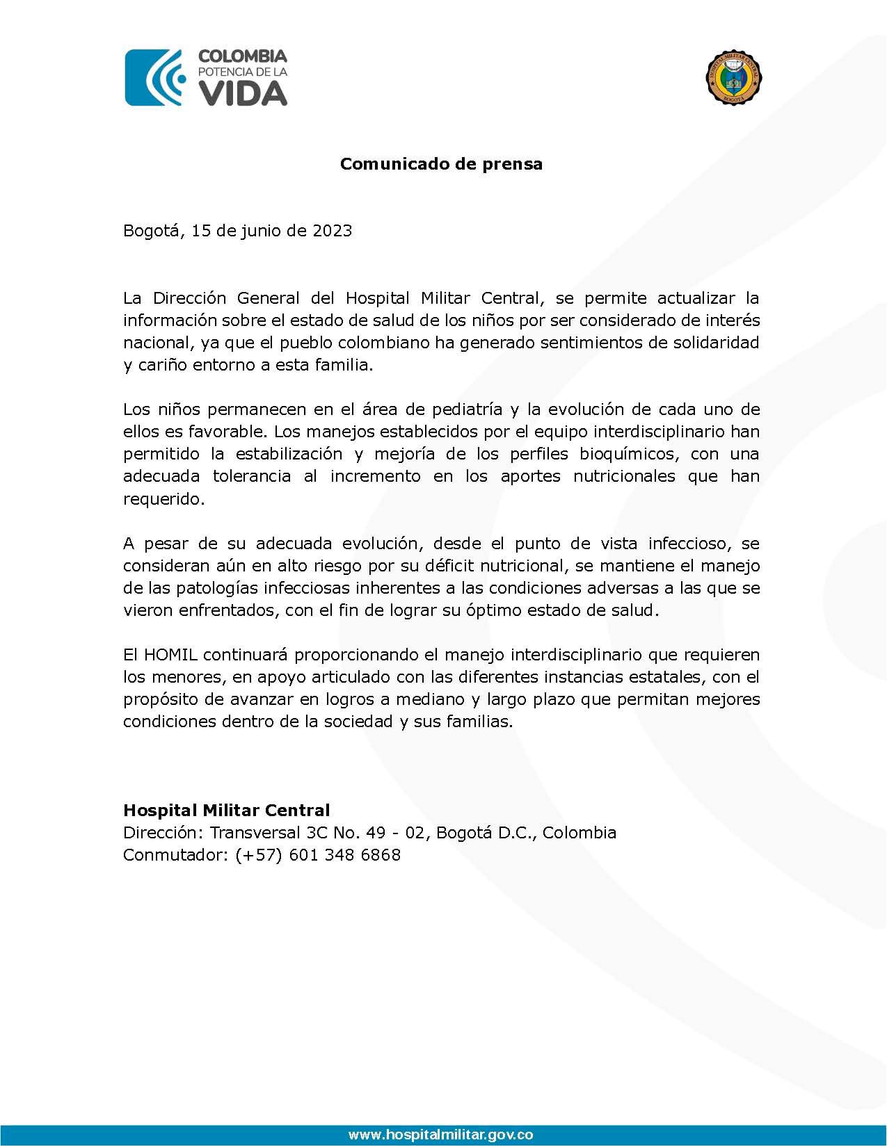 Nuevo parte médico de los hermanitos Mucutuy, quienes permanecen en el Hospital Militar