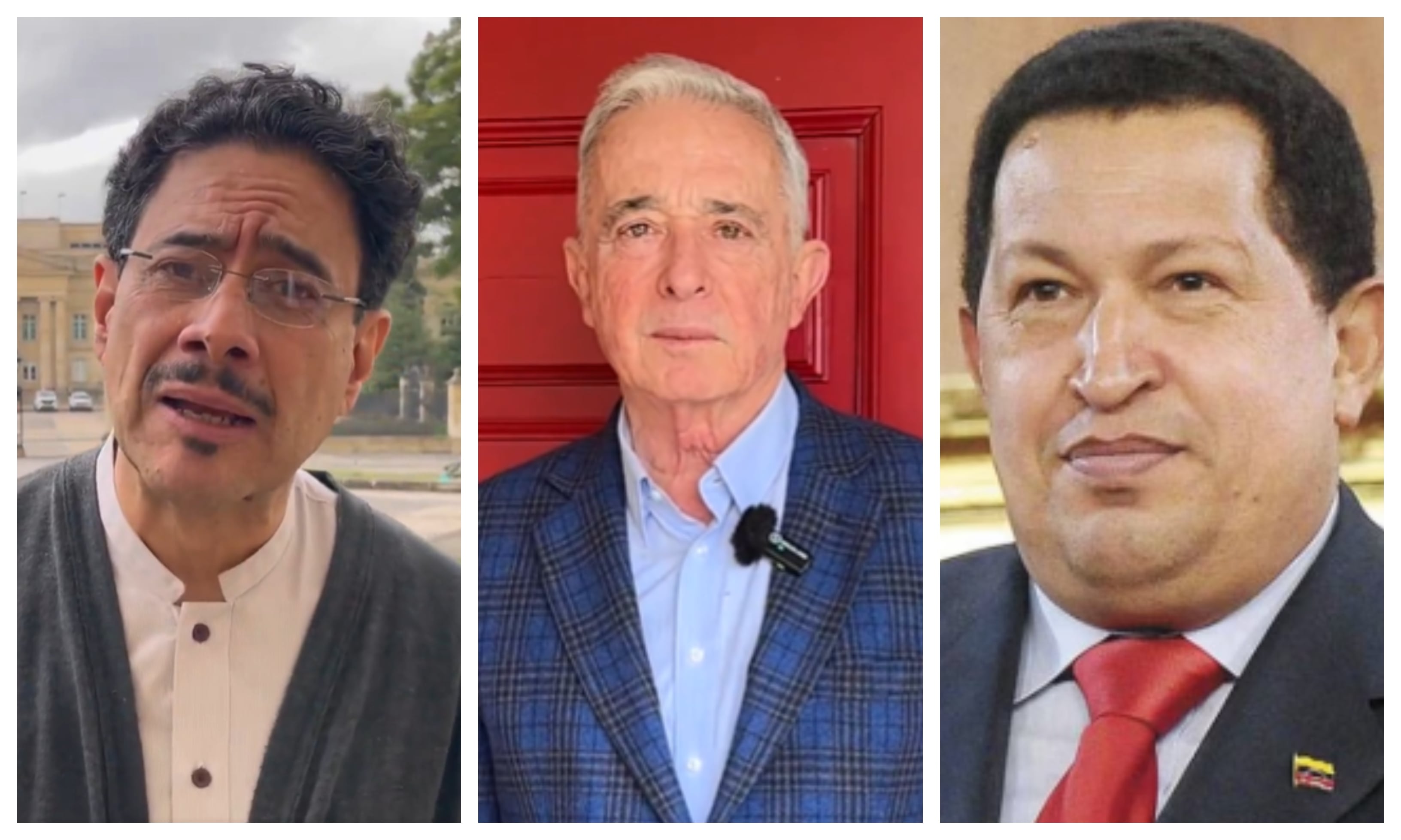 Iván Cepeda, candidato presidencial, Álvaro Uribe, líder del Centro Democrático y expresidente de Colombia, y Hugo Chávez, desaparecido dictador de Venezuela.
