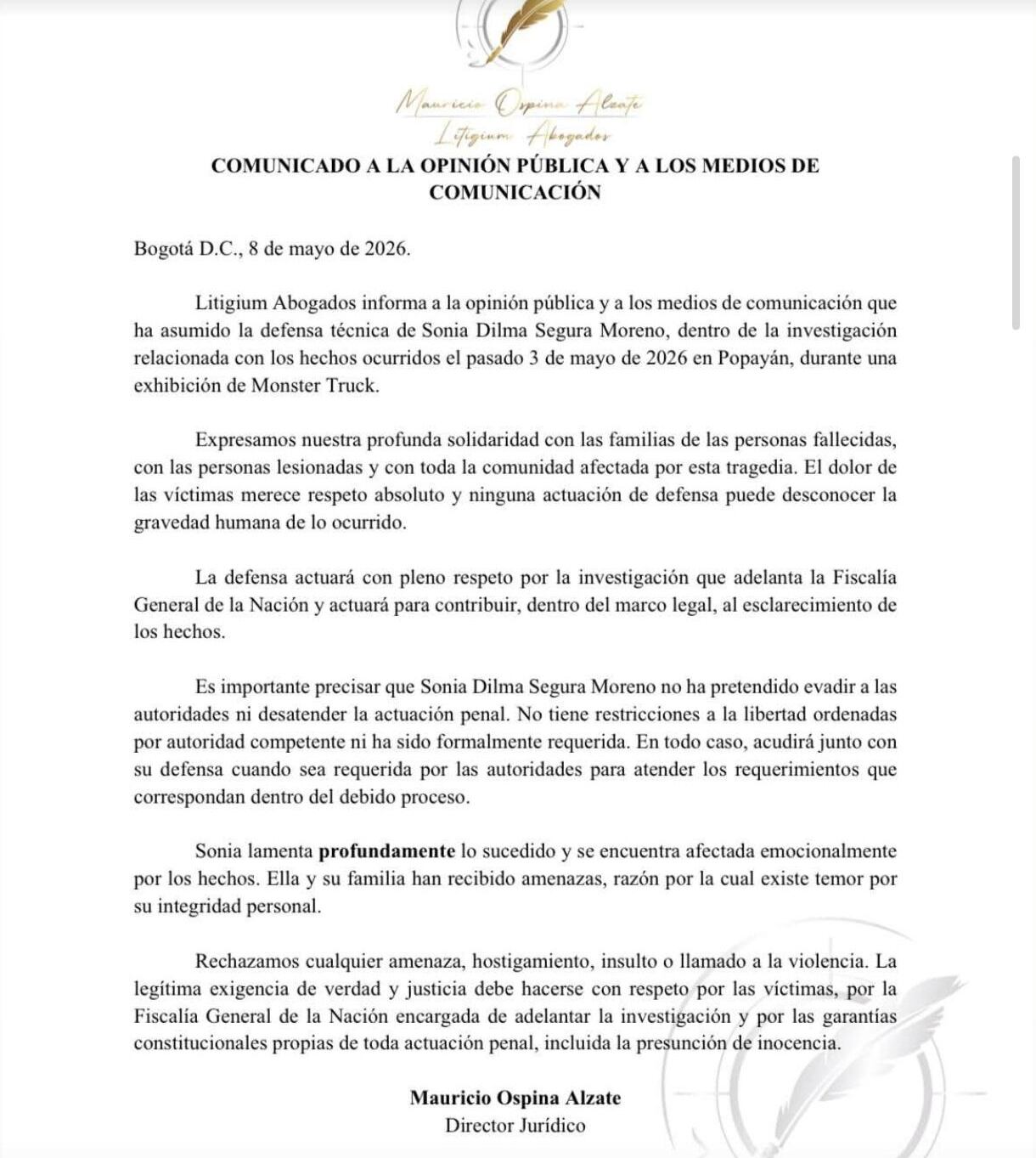 Este es el comunicado completo de la defensa.