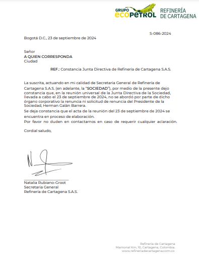 Esta es la comunicación emitida por la Secretaría de la junta directiva de Reficar.