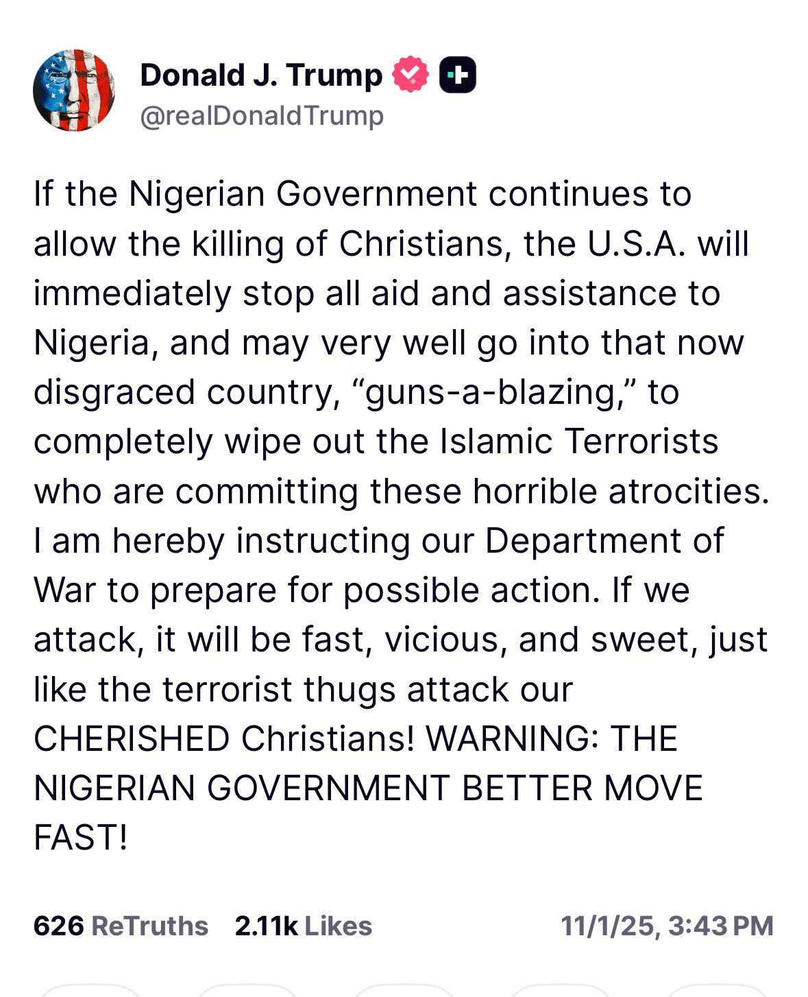 Presidente de Estados Unidos Donald Trump lanzó una dura advertencia al Gobierno de Nigeria.
