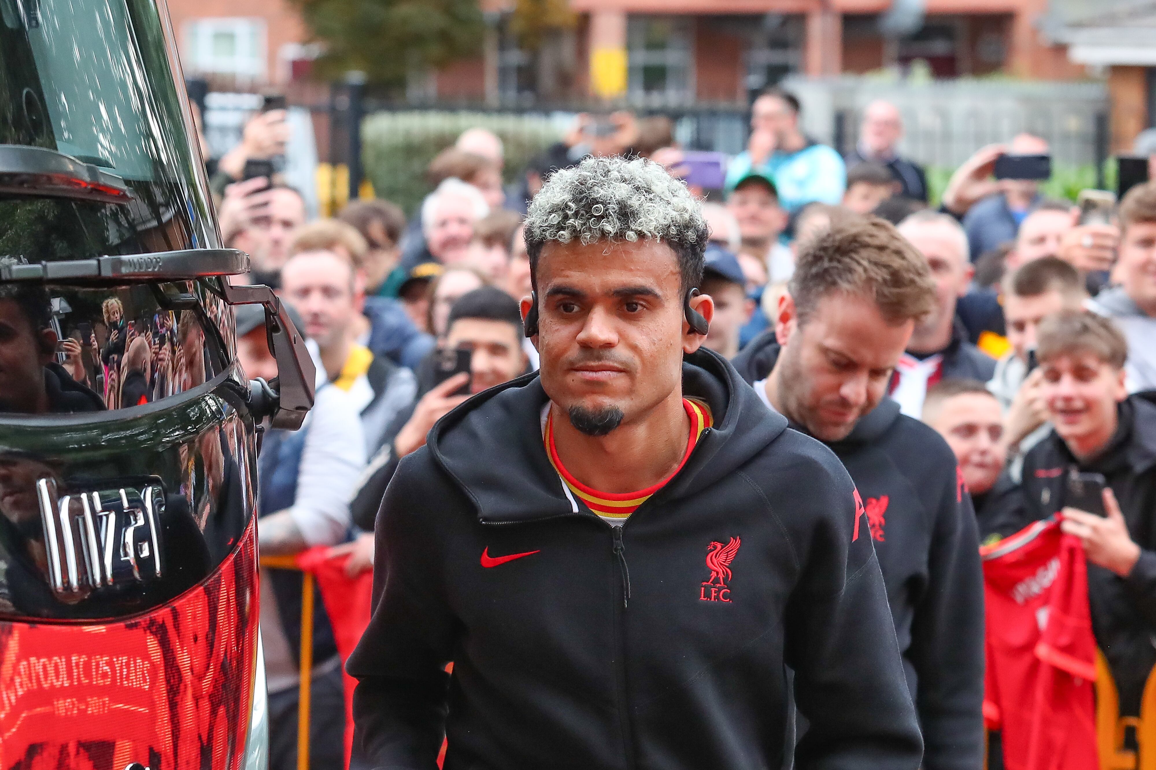 Luis Diaz of Liverpool arrives for the Premier League match between Wolverhampton Wanderers and Liverpool at Molineux in Wolverhampton, England, on September 28, 2024. (Photo by Gustavo Pantano | MI News) (Photo by MI News/NurPhoto via Getty Images)