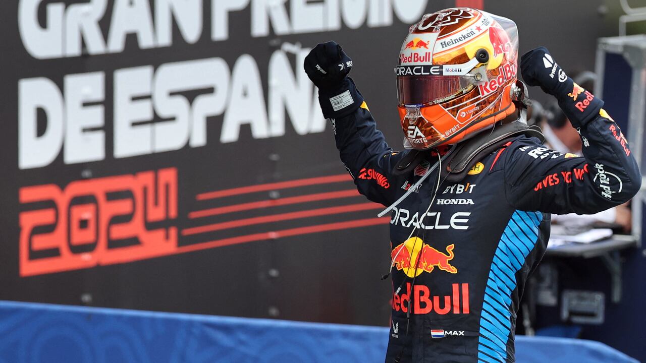 Red Bull's Dutch driver Max Verstappen celebrates winning the Spanish Formula One Grand Prix at the Circuit de Catalunya on June 23, 2024 in Montmelo, on the outskirts of Barcelona. (Photo by Thomas COEX / AFP)