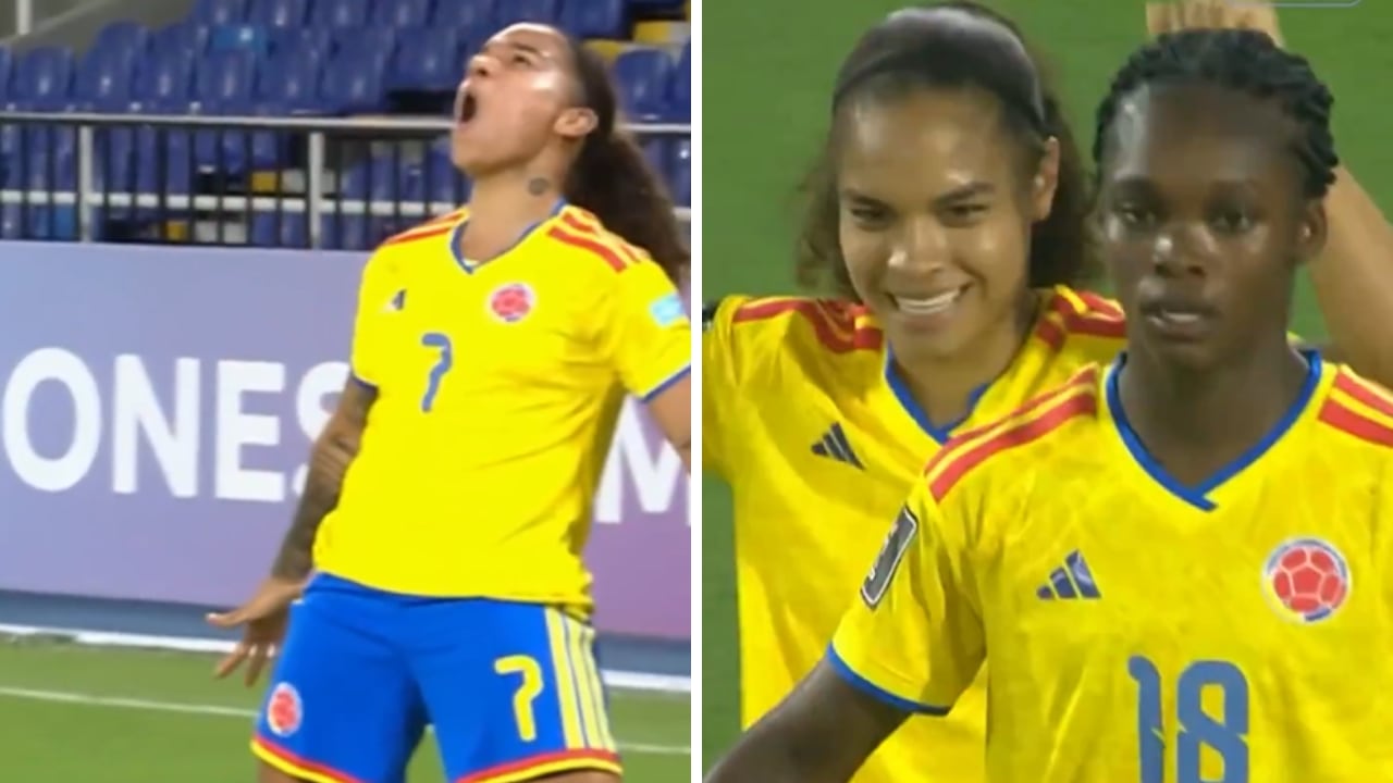 La Selección Colombia Femenina celebrando el primer gol del partido ante Uruguay.