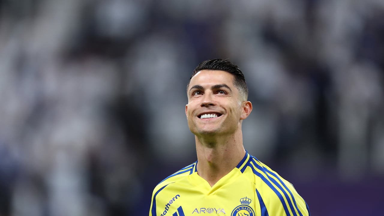 RIYADH, SAUDI ARABIA - APRIL 04: Cristiano Ronaldo of Al Nassr looks on during the warm up prior to the Saudi Pro League match between Al Hilal v Al Nassr in the Kingdom Arena on April 04, 2025 in Riyadh, Saudi Arabia. (Photo by Yasser Bakhsh/Getty Images)