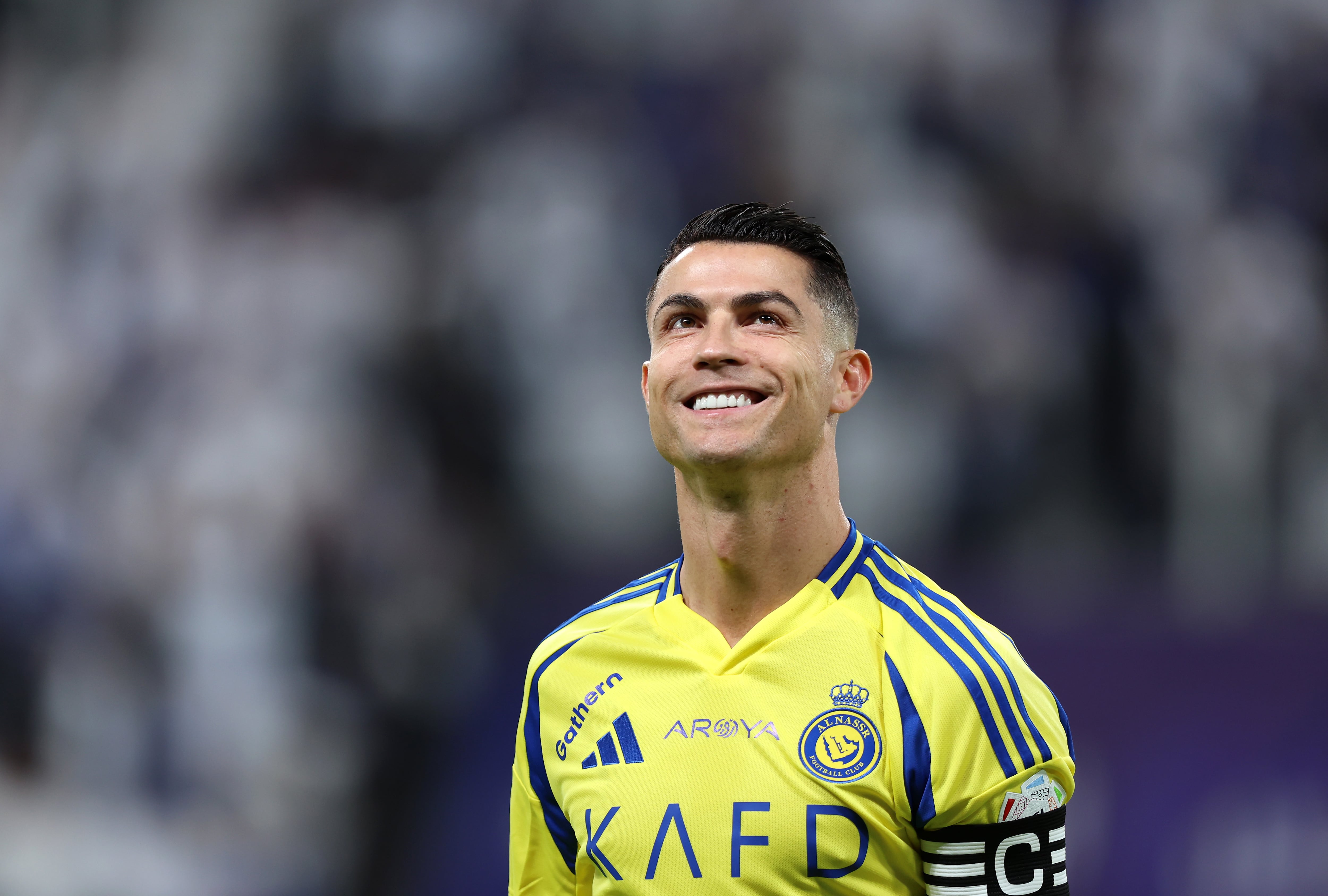 RIYADH, SAUDI ARABIA - APRIL 04: Cristiano Ronaldo of Al Nassr looks on during the warm up prior to the Saudi Pro League match between Al Hilal v Al Nassr in the Kingdom Arena on April 04, 2025 in Riyadh, Saudi Arabia. (Photo by Yasser Bakhsh/Getty Images)