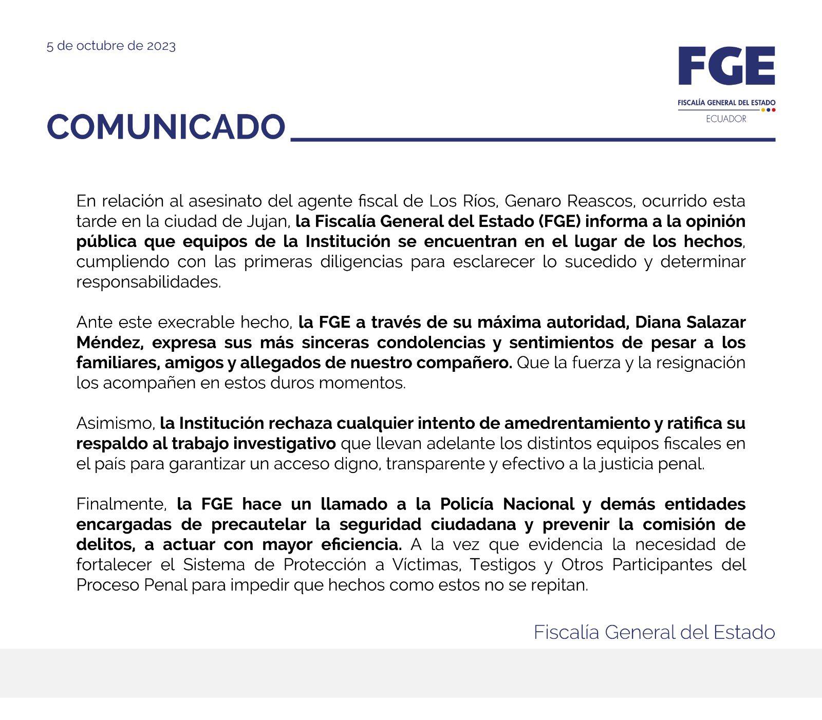 El comunicado fue emitido por la Fiscalía General del Ecuador, donde lamentaron los lamentables hechos