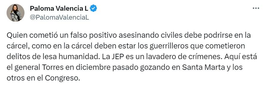 La publicación de la senadora Paloma Valencia ha reavivado el debate sobre la Jurisdicción Especial para la Paz (JEP) y los procesos relacionados con los "falsos positivos" en Colombia.