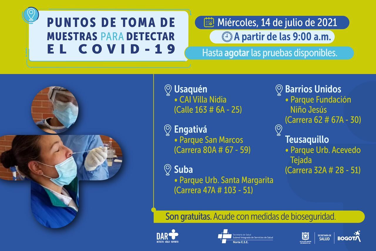 Pruebas gratis de COVID-19 en Bogotá hoy 14 de julio