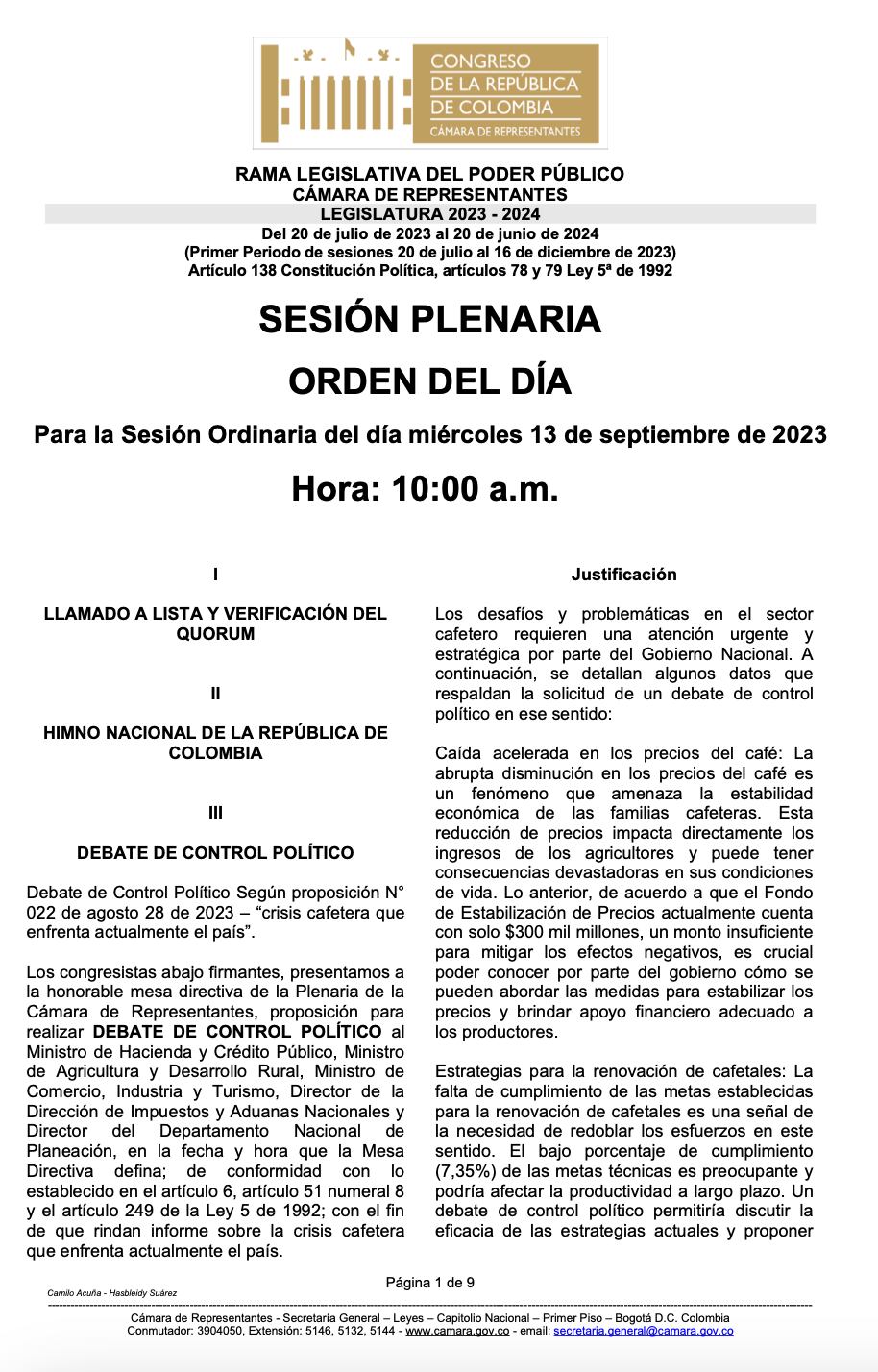 Orden del día de la Cámara de Representantes.