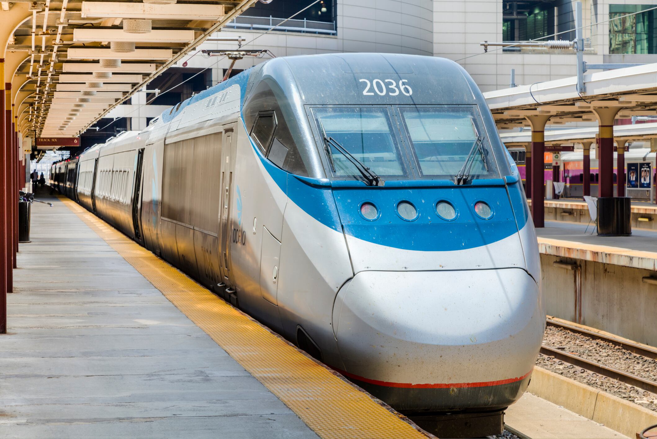 Boston, Massachusetts, USA - Autust 7, 2012: Amtrak Acela Train at the South Station train station in Boston.