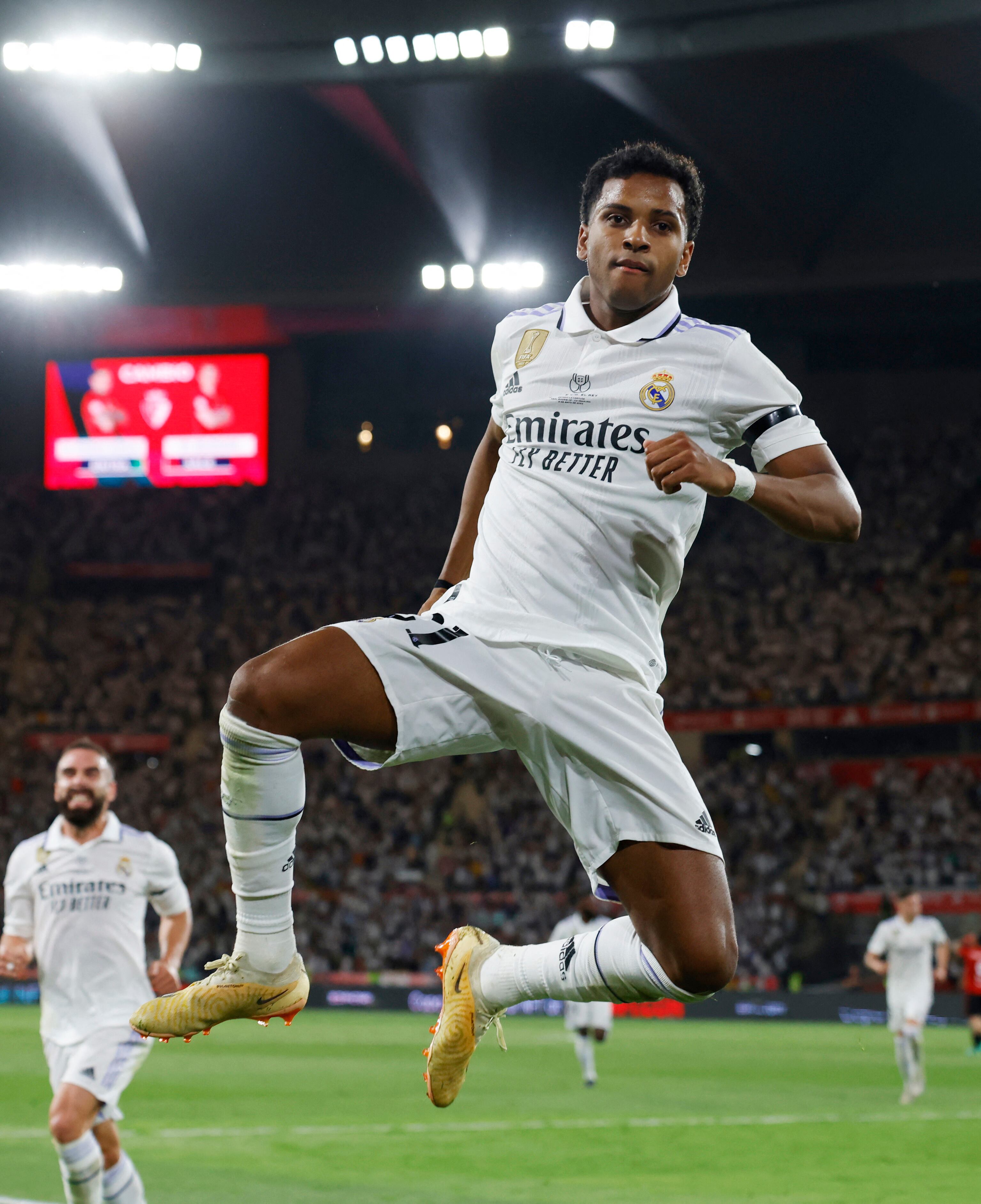 Soccer Football - Copa del Rey - Final - Real Madrid v Osasuna - Estadio de La Cartuja, Seville, Spain - May 6, 2023 Real Madrid's Rodrygo celebrates scoring their second goal REUTERS/Marcelo Del Pozo