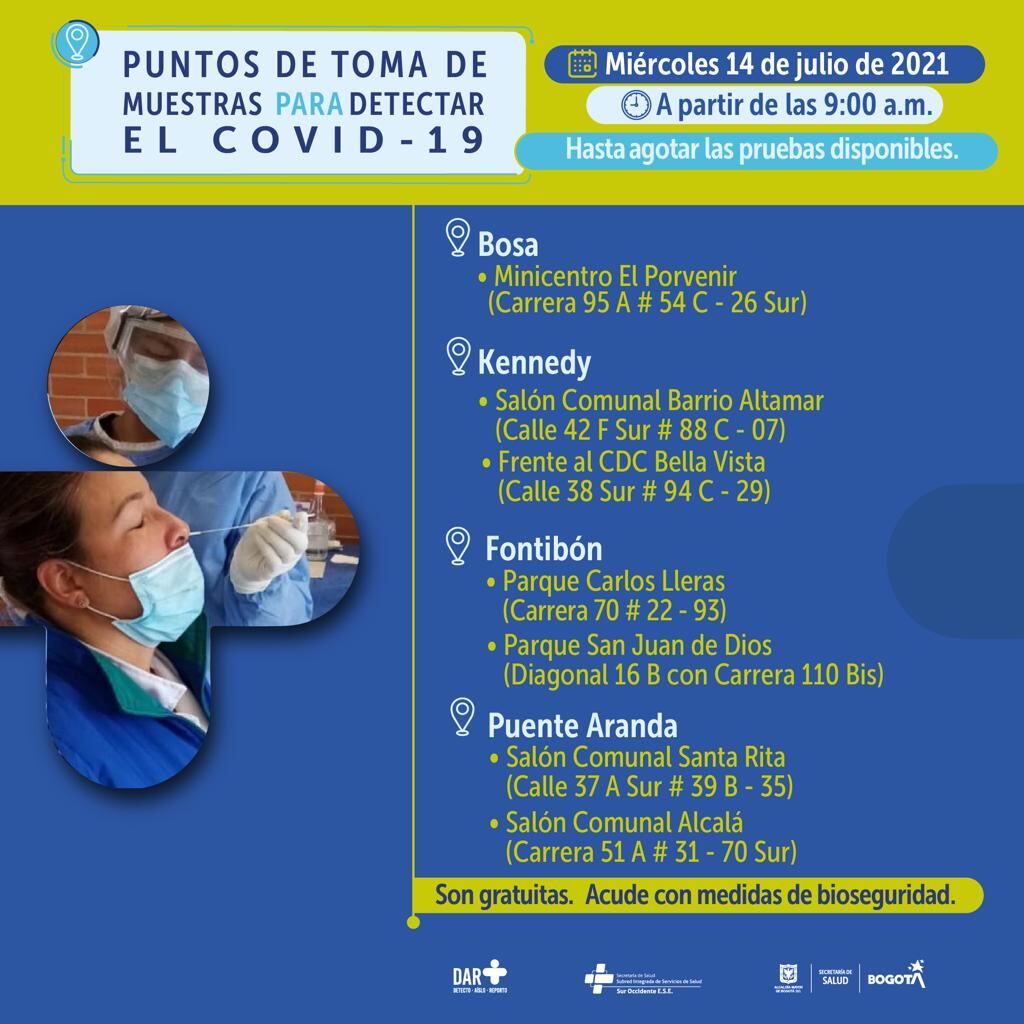 Pruebas gratis de COVID-19 en Bogotá hoy 14 de julio